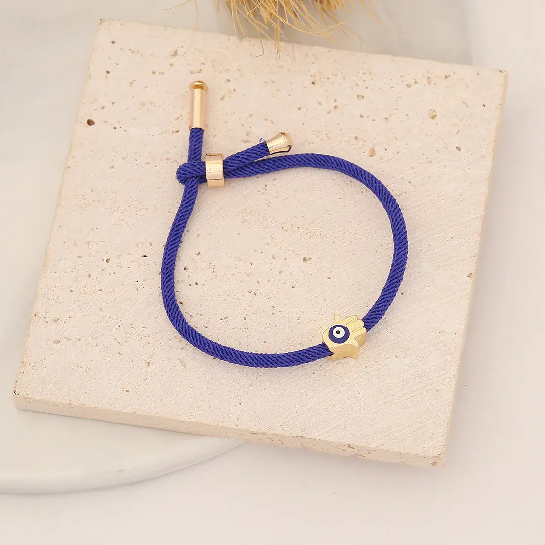 Pulsera Acero Dorado Cuerda Mano de Fatima Ojo Turco Azul