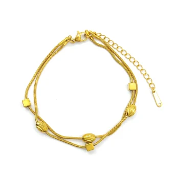 Pulsera Acero Dorado Doble Cola de Rata Barriles Cubos