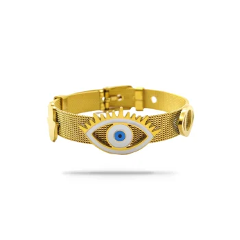 Pulsera Acero Dorado Ojo Turco Blanco Malla Hebilla Hamsa