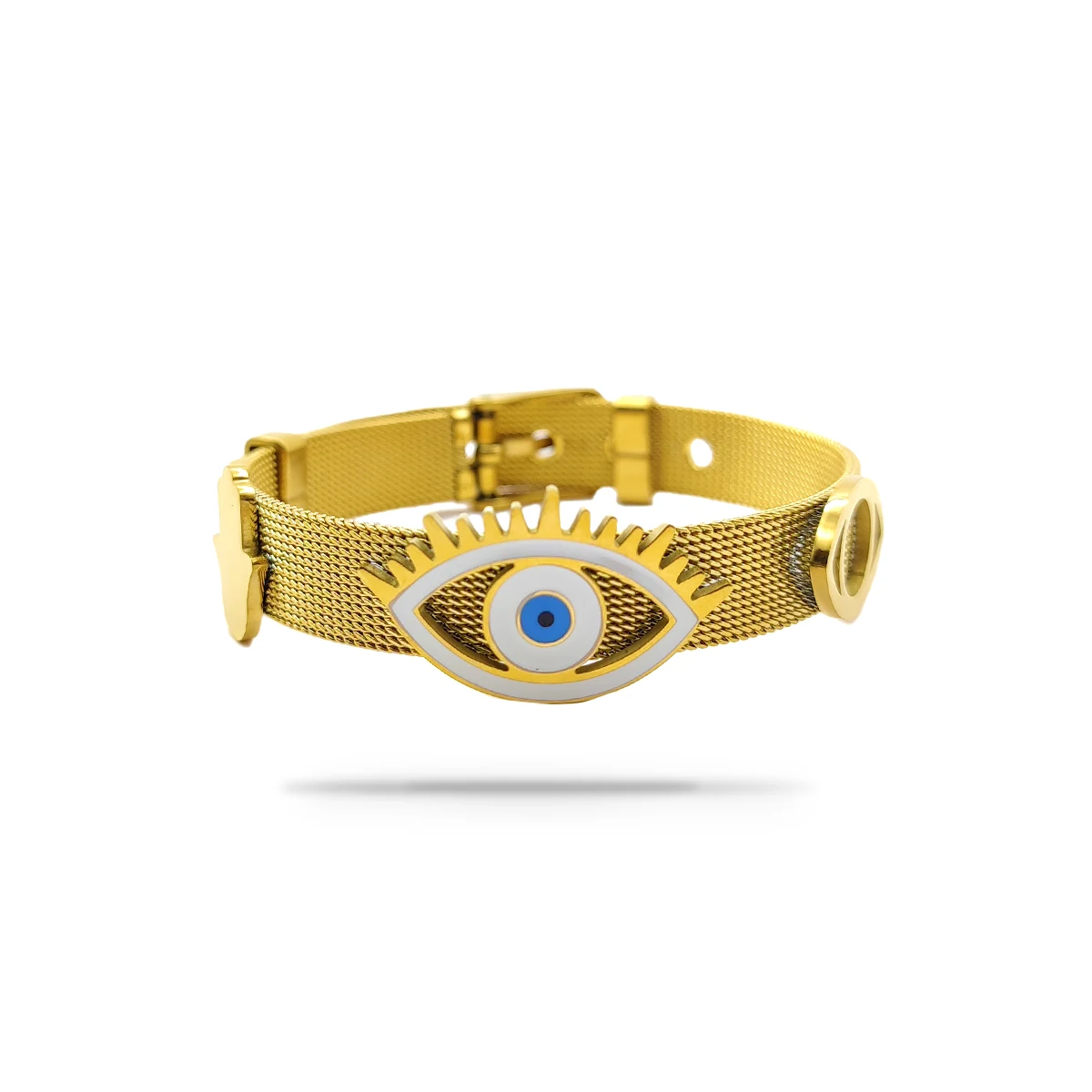 Pulsera Acero Dorado Ojo Turco Blanco Malla Hebilla Hamsa