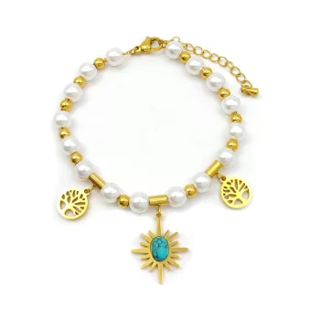 Pulsera Acero Dorado Perlas Sol Turquesa Arbol de la Vida