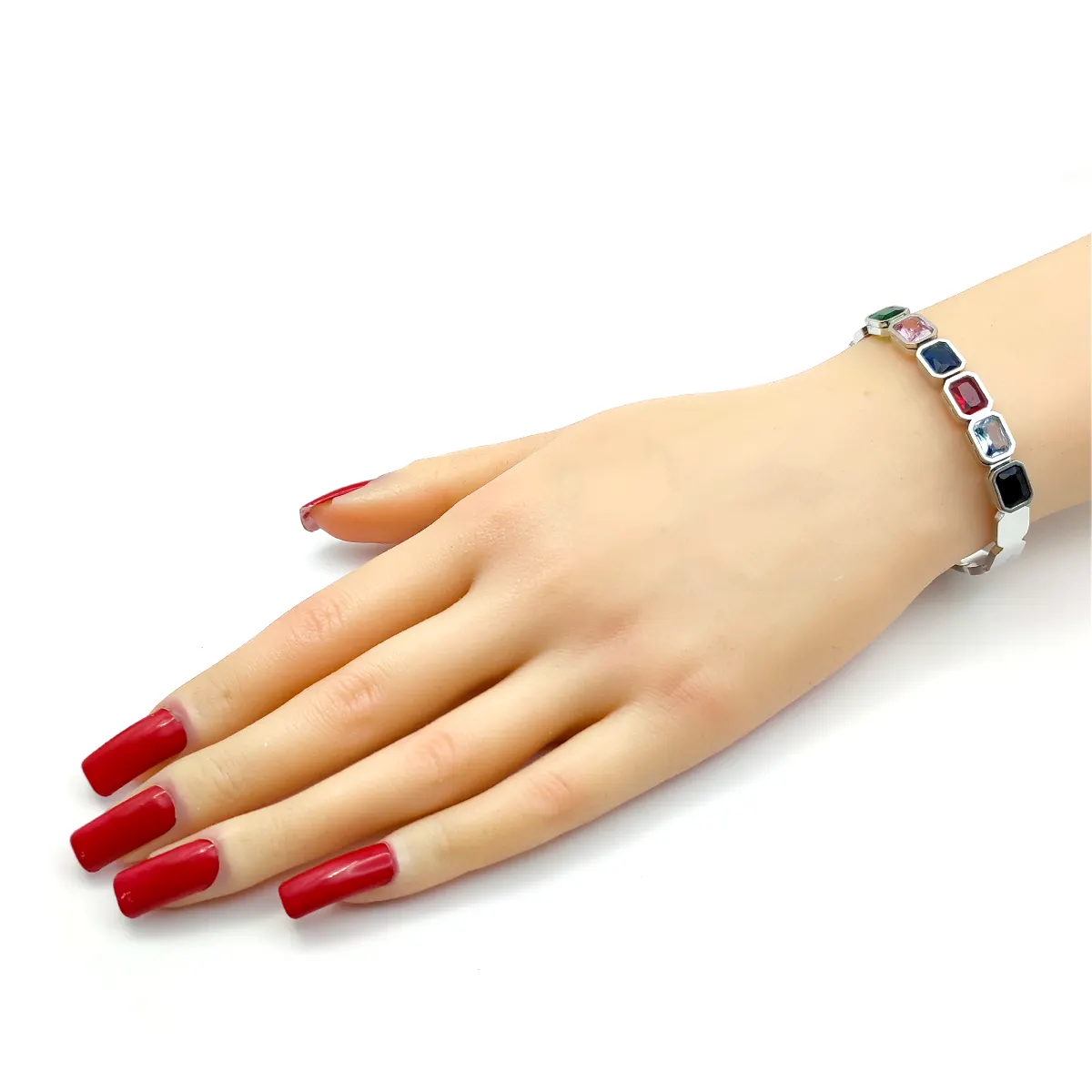 Pulsera Acero Inox Plateado Zirconias Rectangular Colores