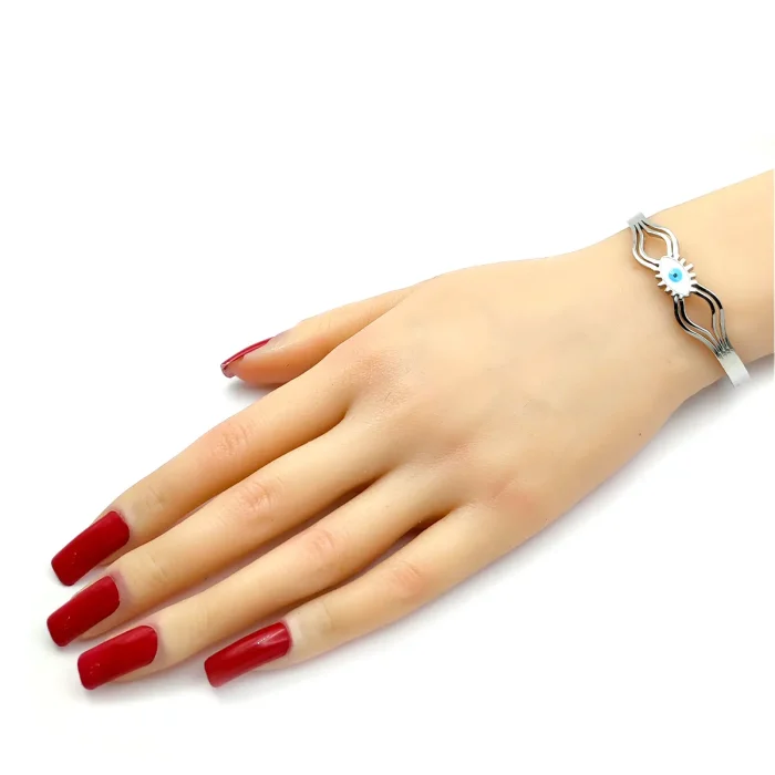 Pulsera Acero Plateado Brazalete Ojo Turco Blanco Arcos