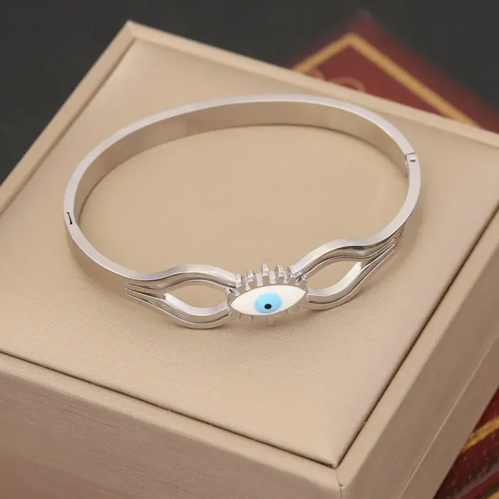 Pulsera Acero Plateado Brazalete Ojo Turco Blanco Arcos