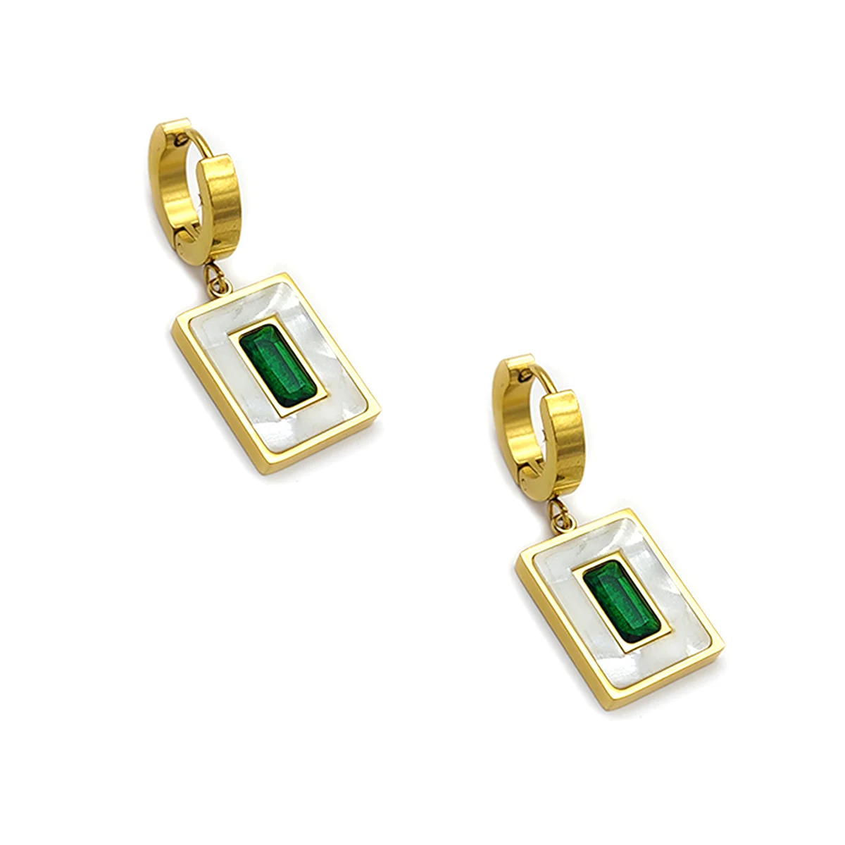 Set Joyería Acero Dorado Doble Cristal Verde Madre Perla