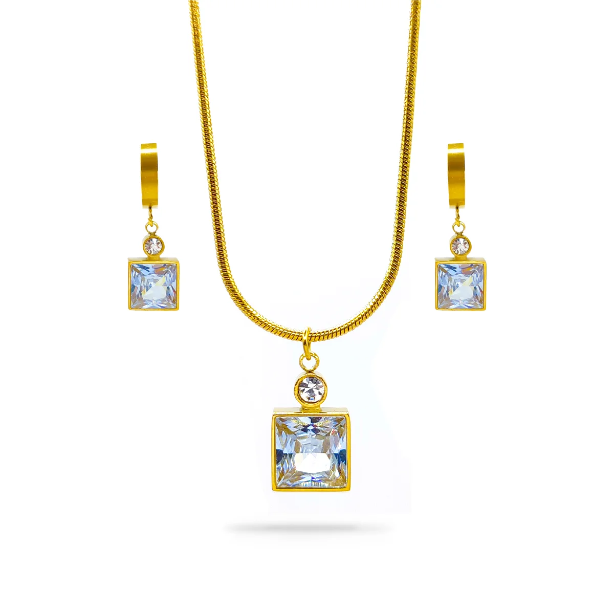 Set Joyería Acero Dorado Zirconia Cuadrada Clara de Lujo