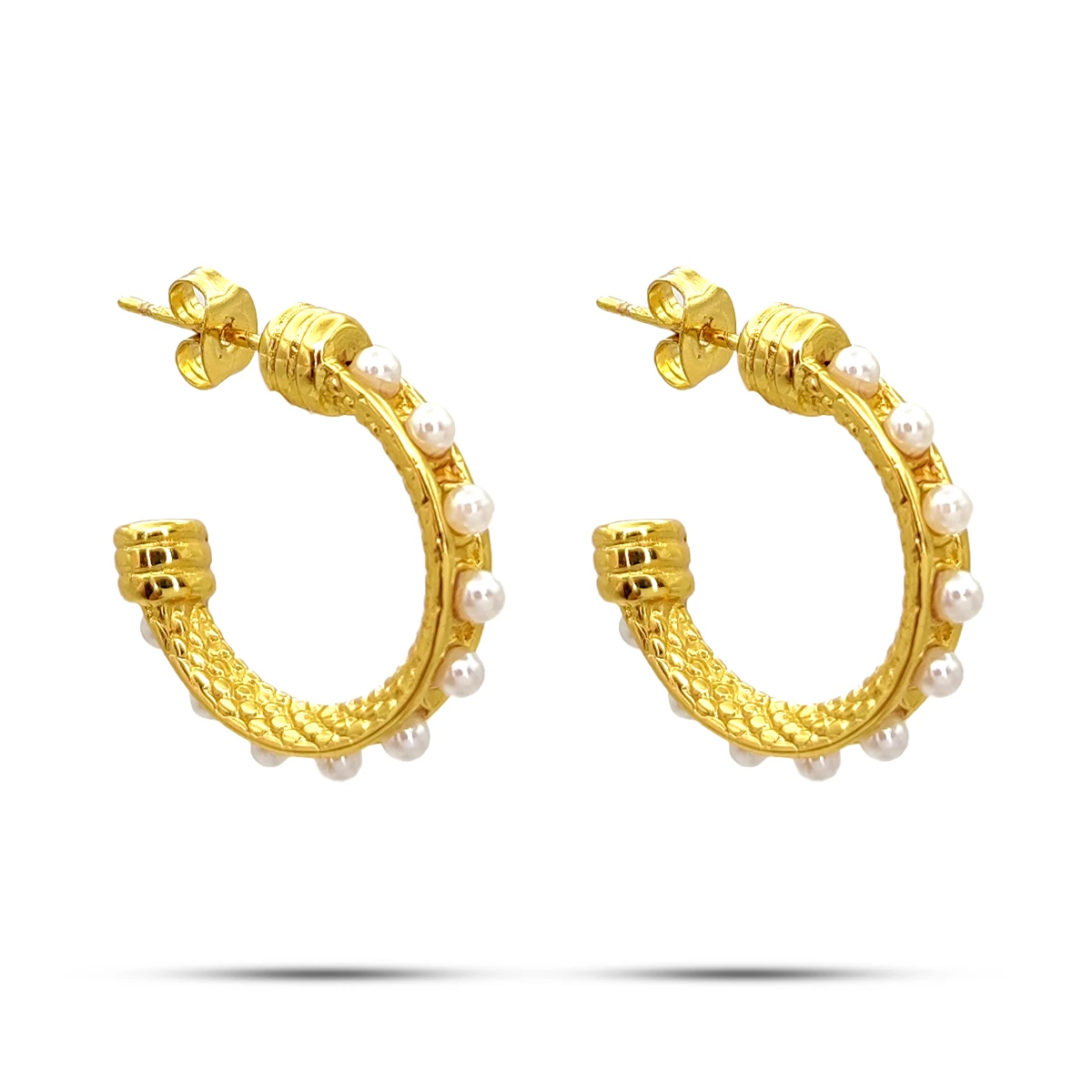 Aretes Acero Dorado Media Arracada Fila Perlas Pequeñas