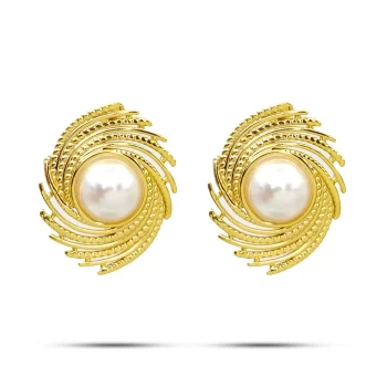 Aretes Acero Dorado Perla Remolino Espiral Elegante