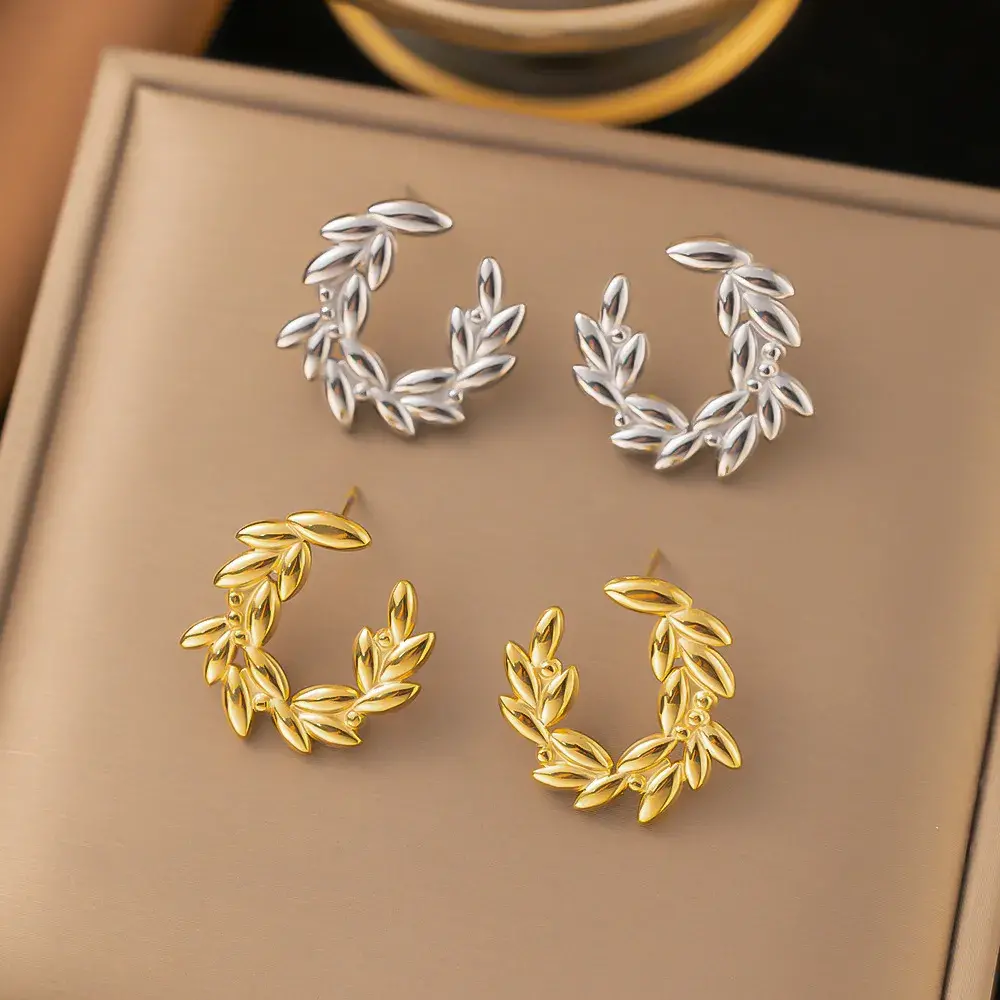 Aretes Acero Guirnaldas Hojas Diseño en C Elegante (5)