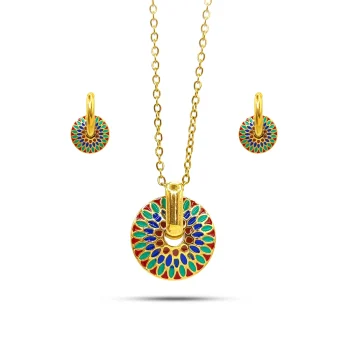 Set Joyería Acero Dorado Boho Colgante Mandala Multicolor