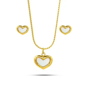 Set Joyería Acero Dorado Corazón Madre Perla Romántico