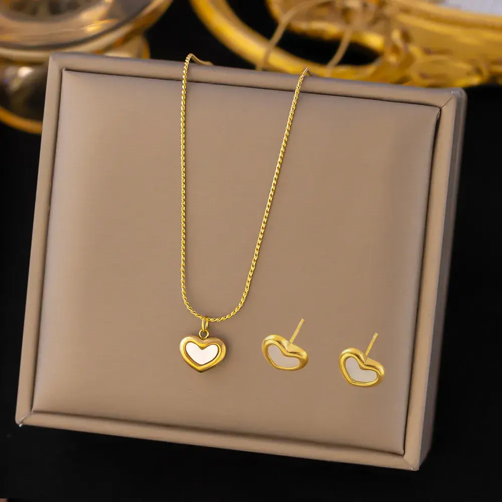 Set Joyería Acero Dorado Corazón Madre Perla Romántico