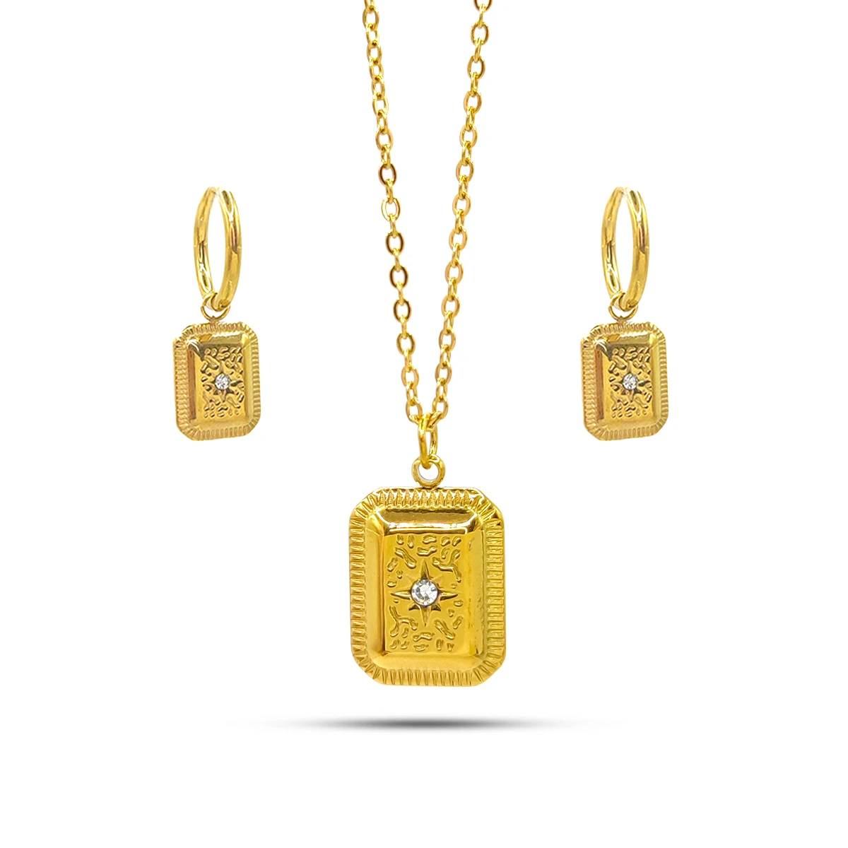 Set Joyería Acero Dorado Rectangular Martillado Estrella