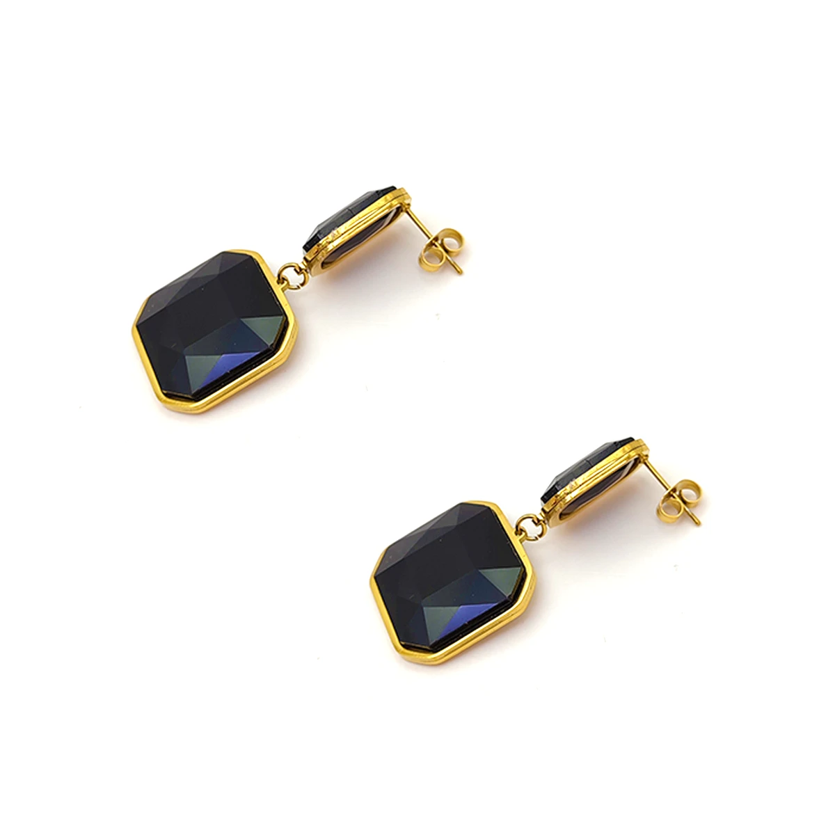 Aretes Acero Dorado Geométricos Cristal Negro Elegante (1)