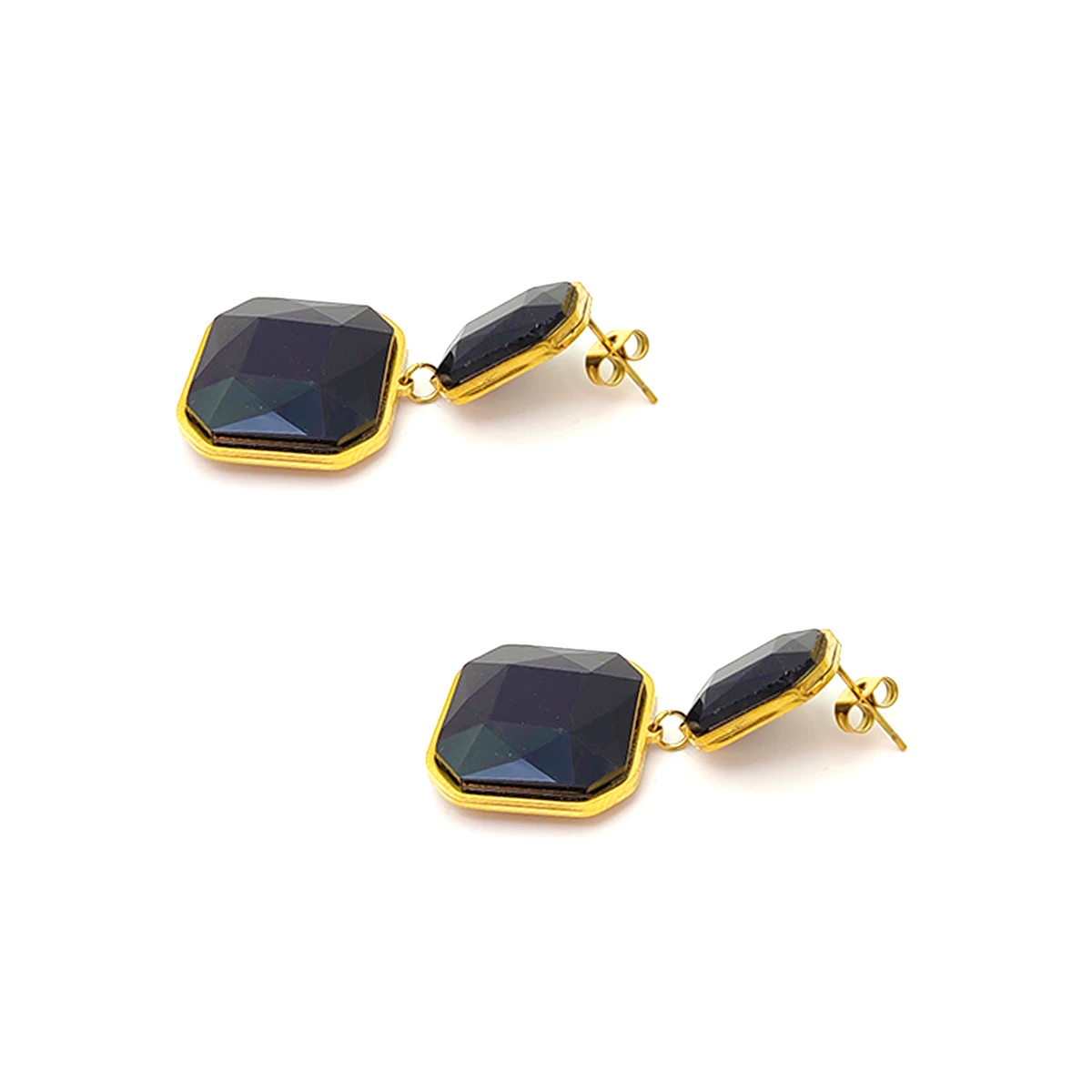 Aretes Acero Dorado Geométricos Cristal Negro Elegante (2)