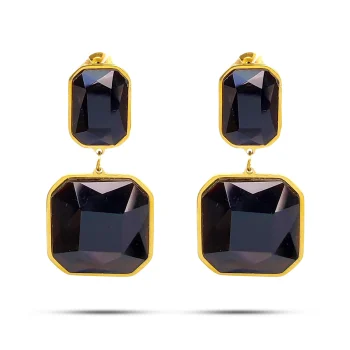 Aretes Acero Dorado Geométricos Cristal Negro Elegante