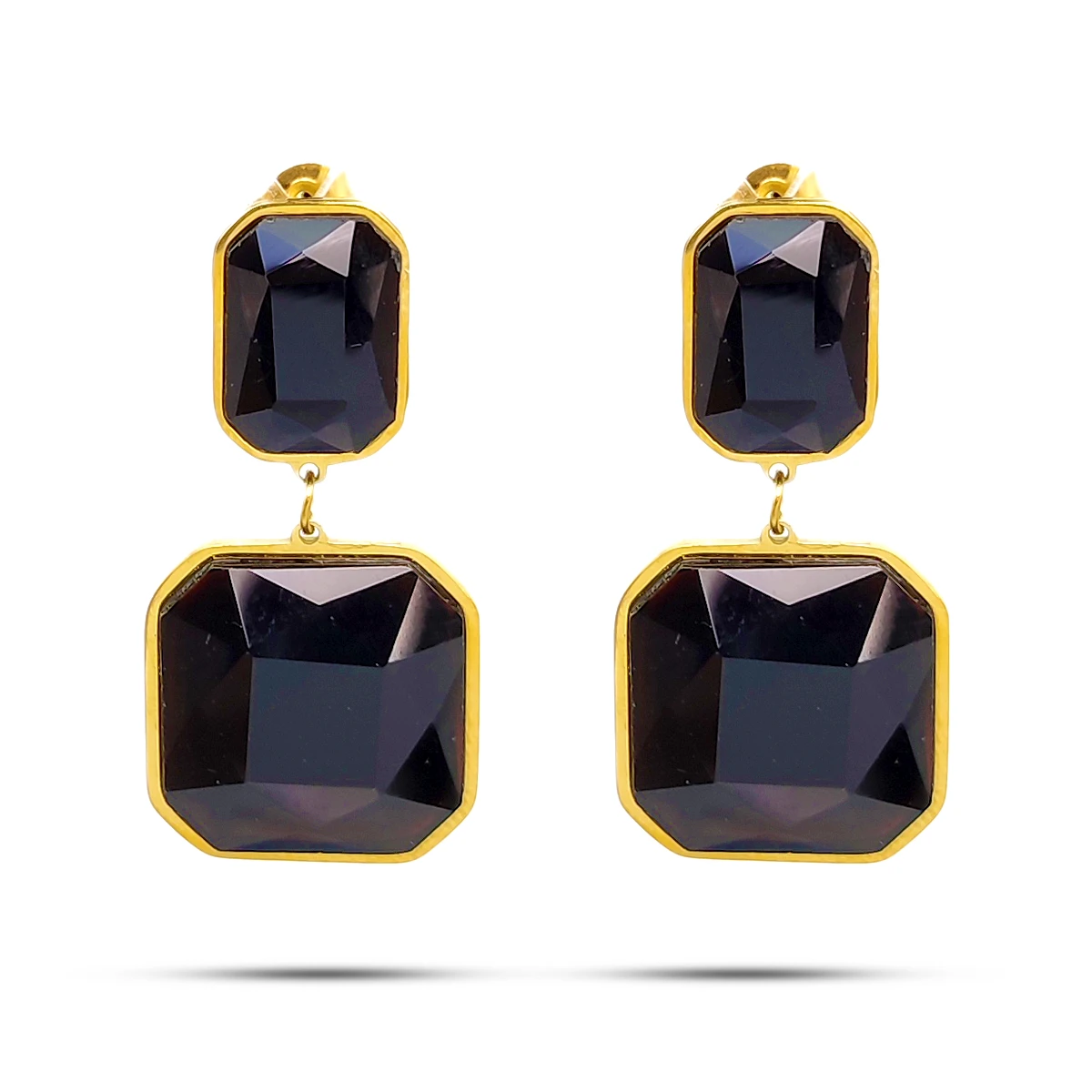 Aretes Acero Dorado Geométricos Cristal Negro Elegante