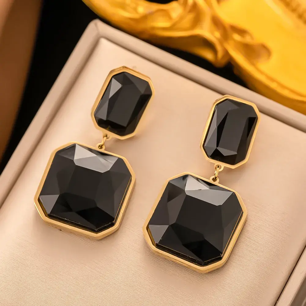 Aretes Acero Dorado Geométricos Cristal Negro Elegante