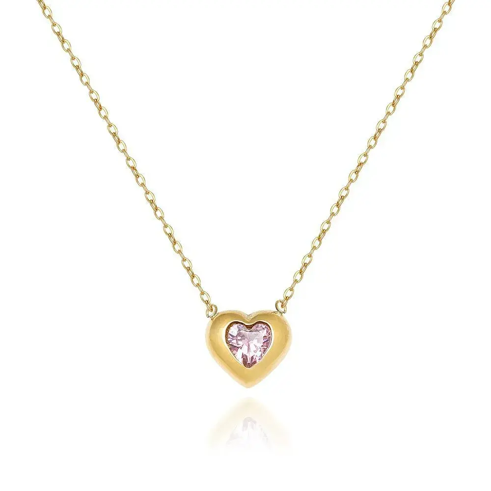 Collar Acero Dorado Corazón Cristal Rosa Amor Romántico (2)