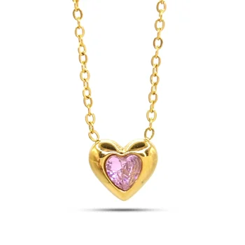 Collar Acero Dorado Corazón Cristal Rosa Amor Romántico