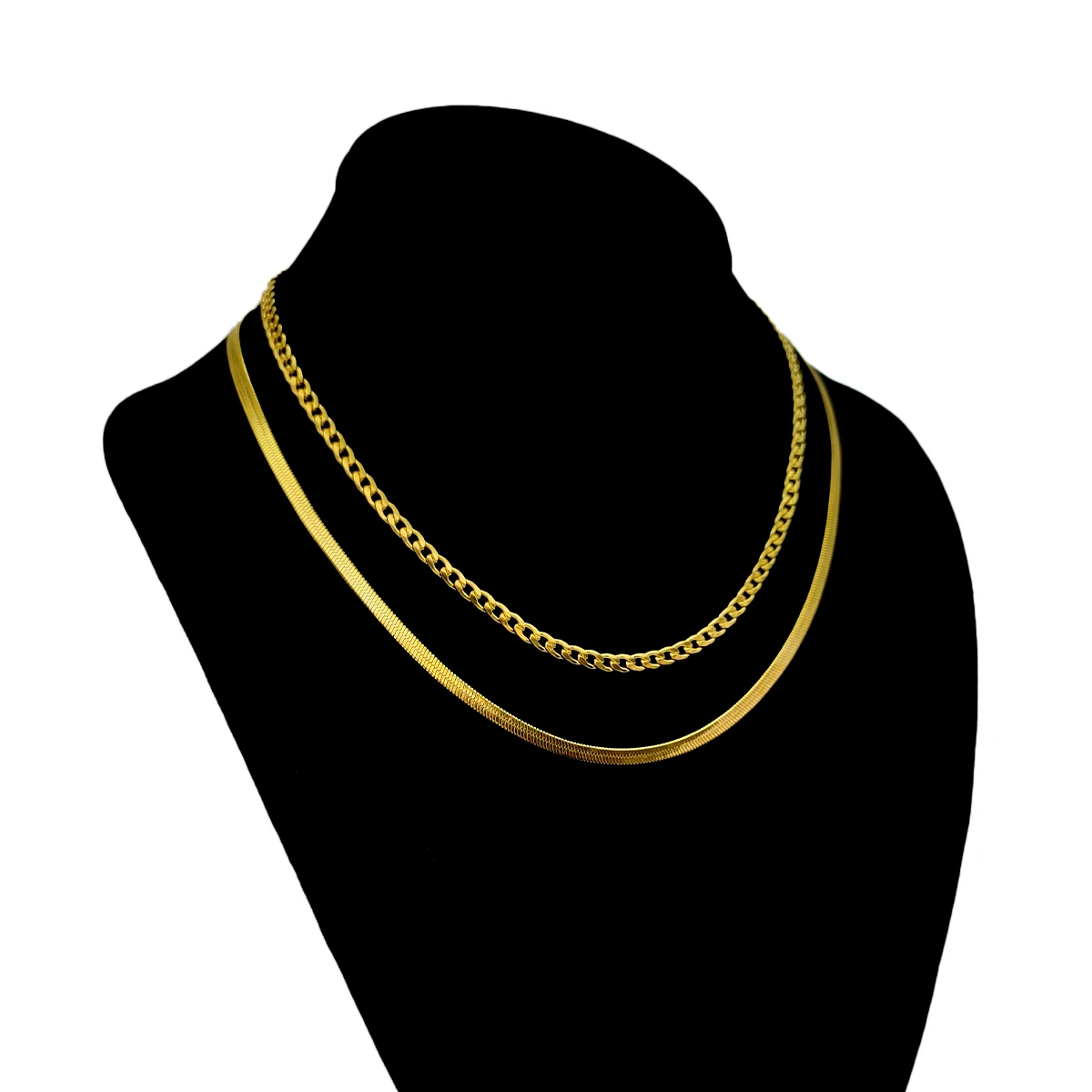 Collar Acero Dorado Doble Cadena Planchada y Cubana