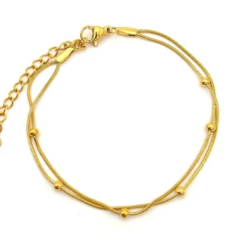 Pulsera Acero Dorado Doble Cadena Cola de Rata y Bolitas