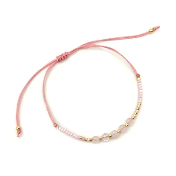 Pulsera Acero Dorado Hilo Rosa Cuarzo Rosado Chaquira