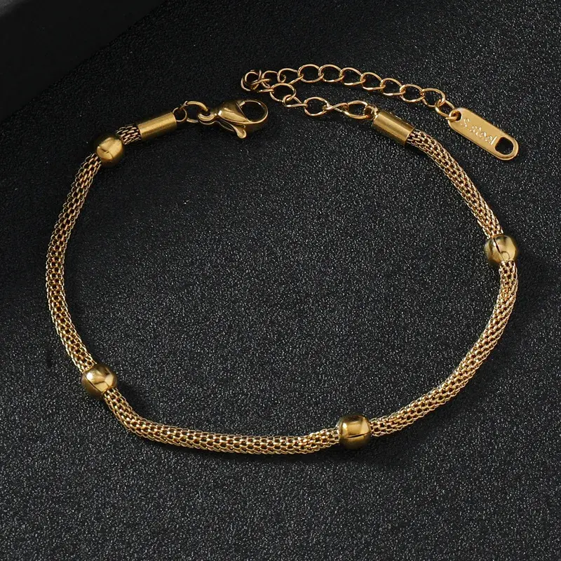 Pulsera Acero Dorado Malla Redonda Cuentas Balines (2)