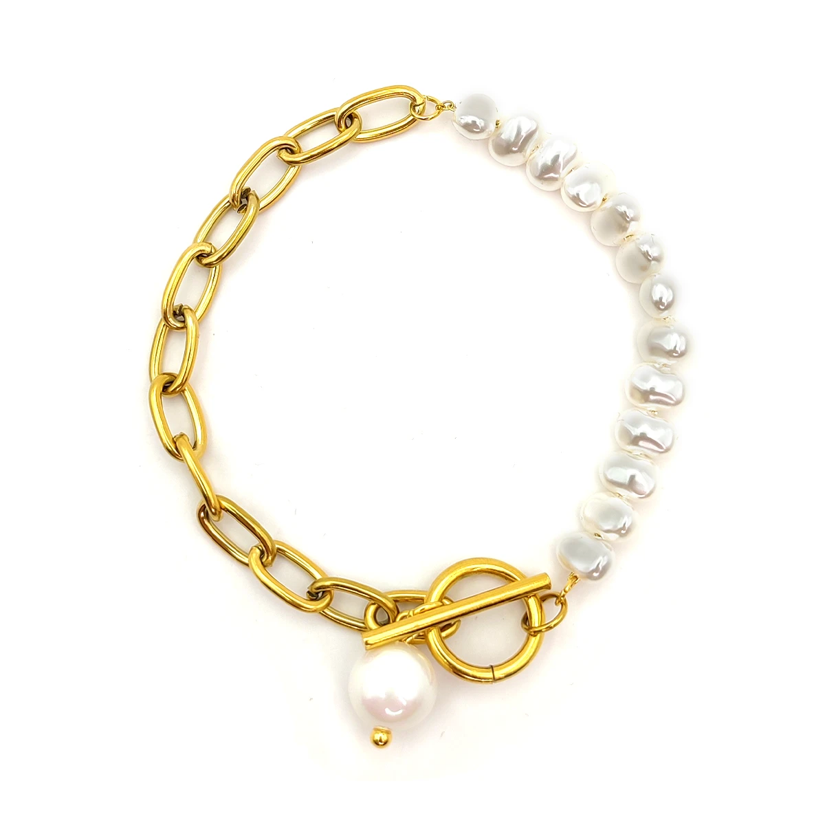 Pulsera Acero Dorado Mitad Perla Cadena Oval Broche Barra