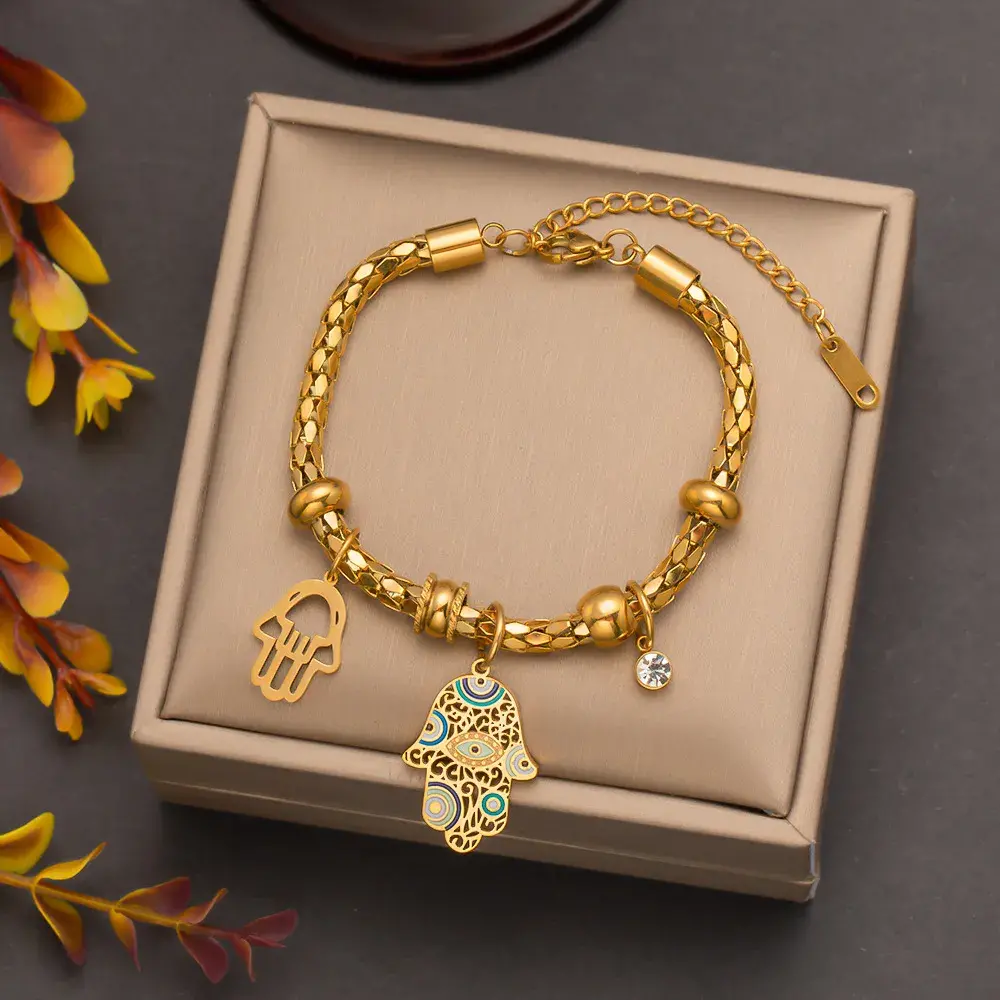 Pulsera Acero Dorado Piel de Serpiente Charms Mano de Fátima