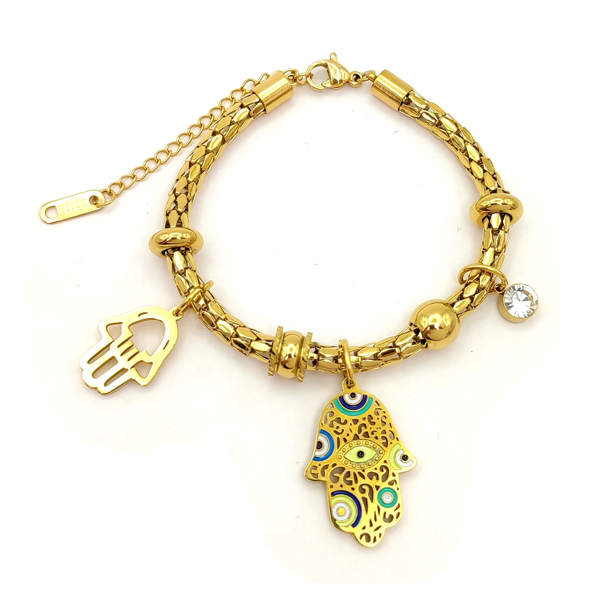 Pulsera Acero Dorado Piel de Serpiente Charms Mano de Fátima