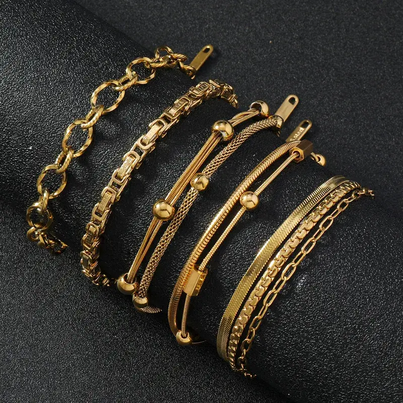 Pulsera Acero Dorado Triple Mixta Planchada Ovalada (1)