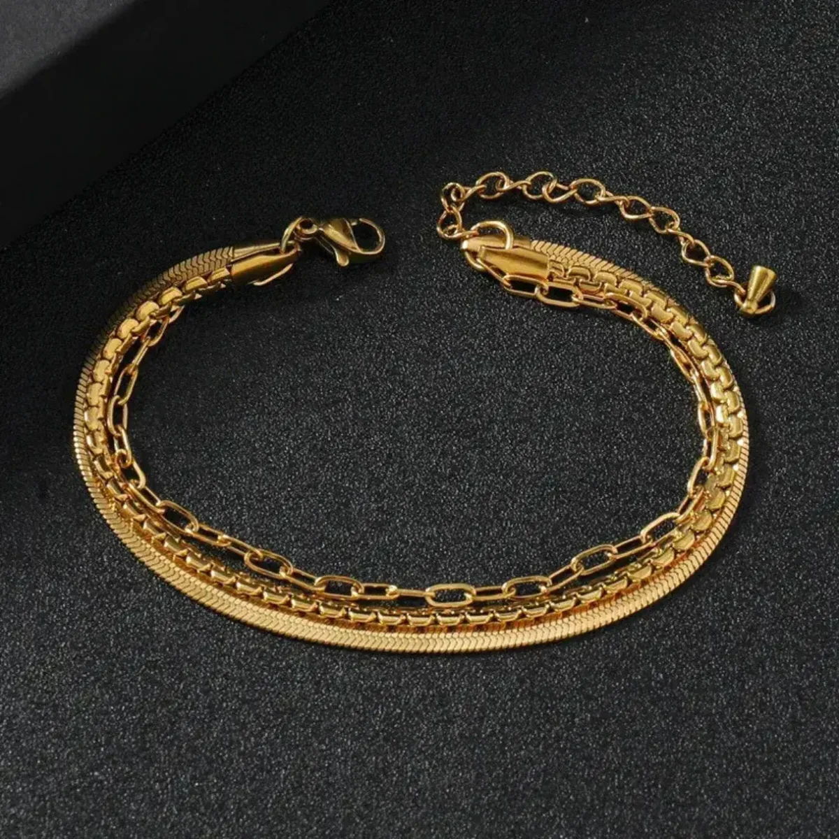 Pulsera Acero Dorado Triple Mixta Planchada Ovalada