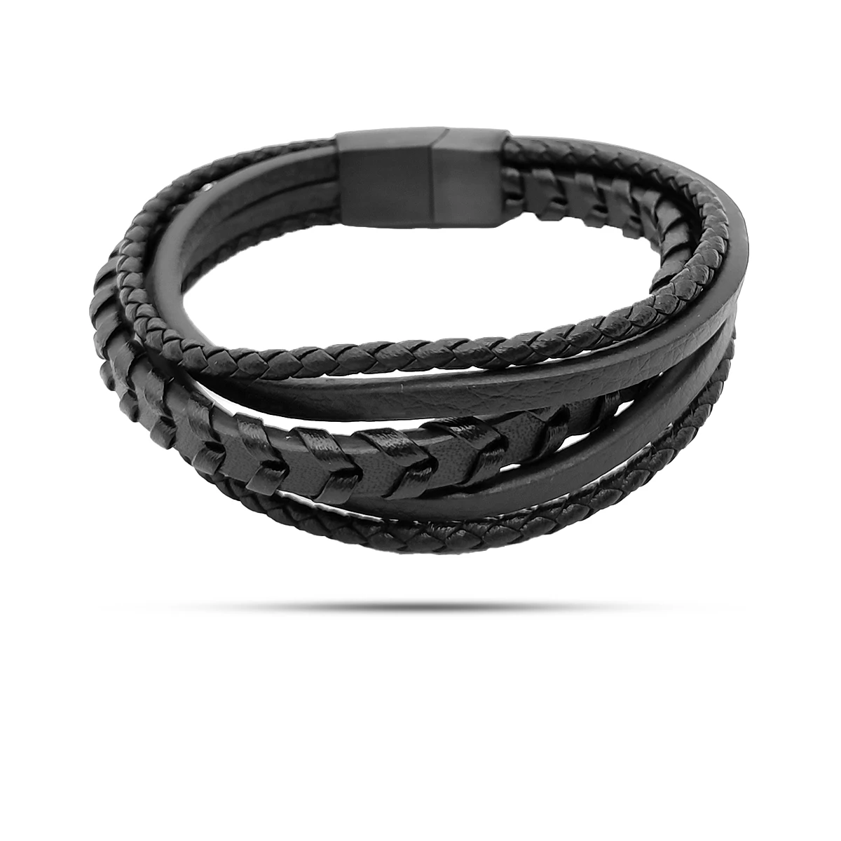 Pulsera Acero Inox Piel Negra Cinco Tiras Tejidas y Lisa