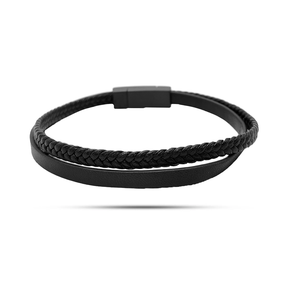 Pulsera Acero Inox Piel Negra Dos Tiras Trenzada y Lisa (2)