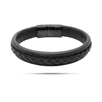 Pulsera Acero Inox Piel Negra Trenza Gruesa Sofisticada (2)