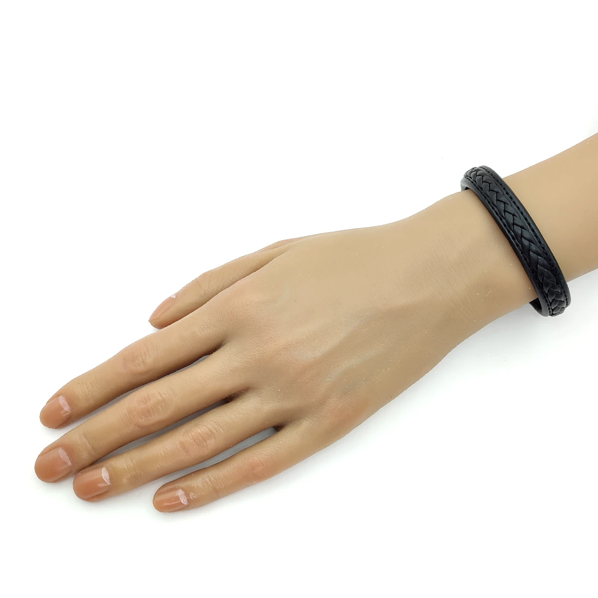 Pulsera Acero Inox Piel Negra Trenza Gruesa Sofisticada (3)