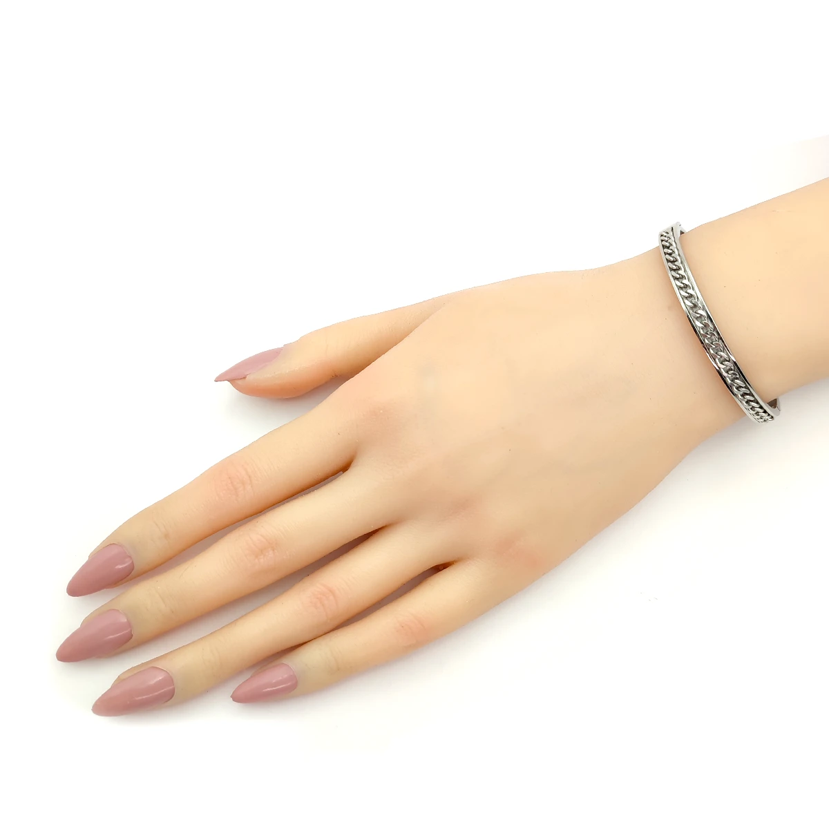 Pulsera Acero Inox Plateado Brazalete con Cadena Barbada (1)