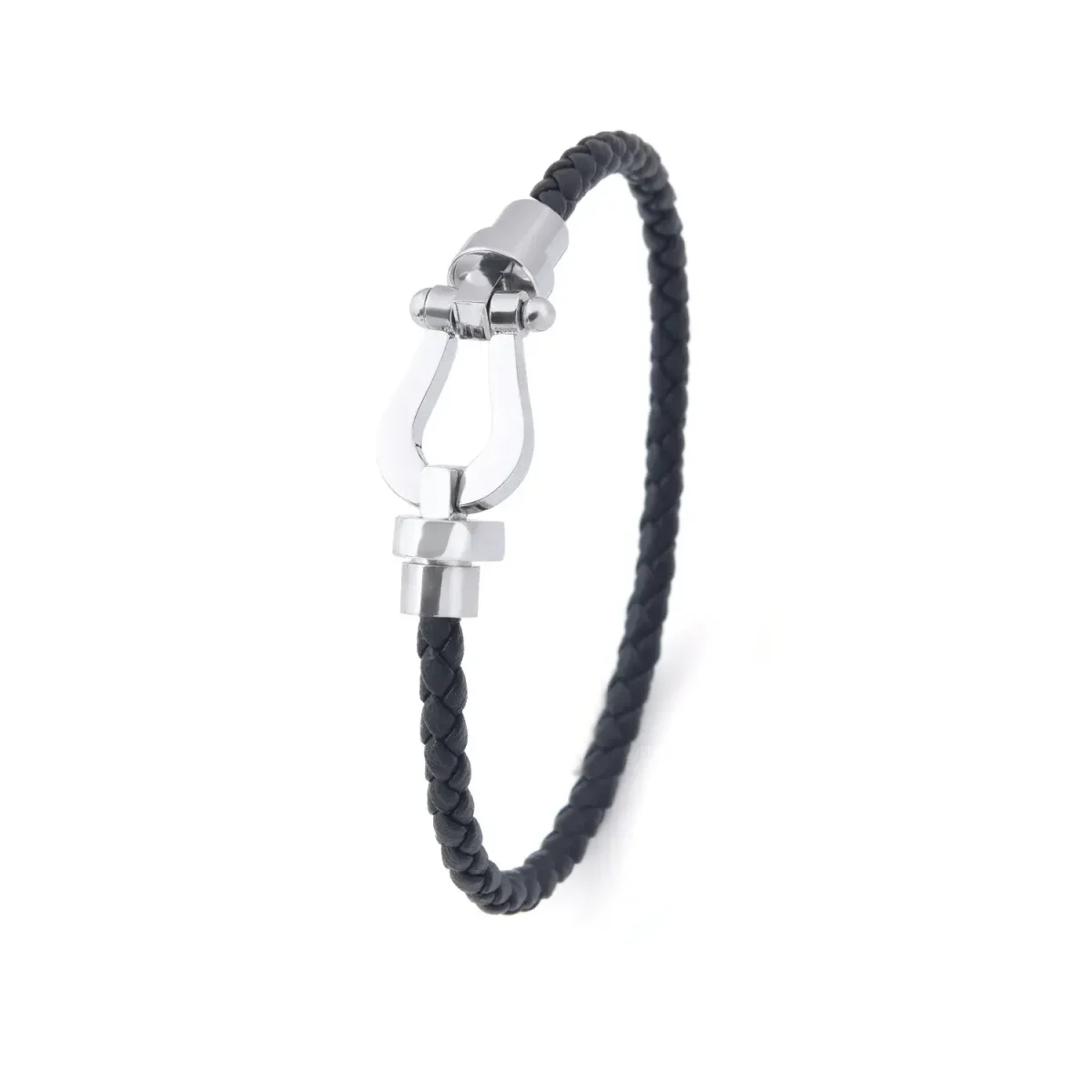 Pulsera Acero Inox Plateado Piel Tejida Delgada con Hebilla