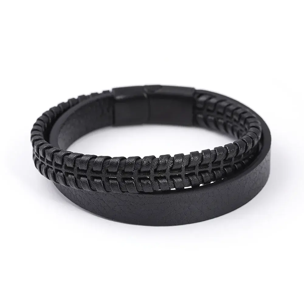 Pulsera Acero Negro Piel Dos Tiras Gruesas Tejida y Lisa (7)