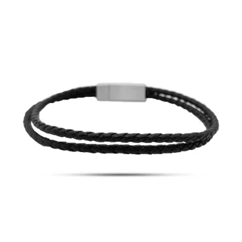 Pulsera Acero Plateado Cuero Negro Dos Tiras Trenzadas