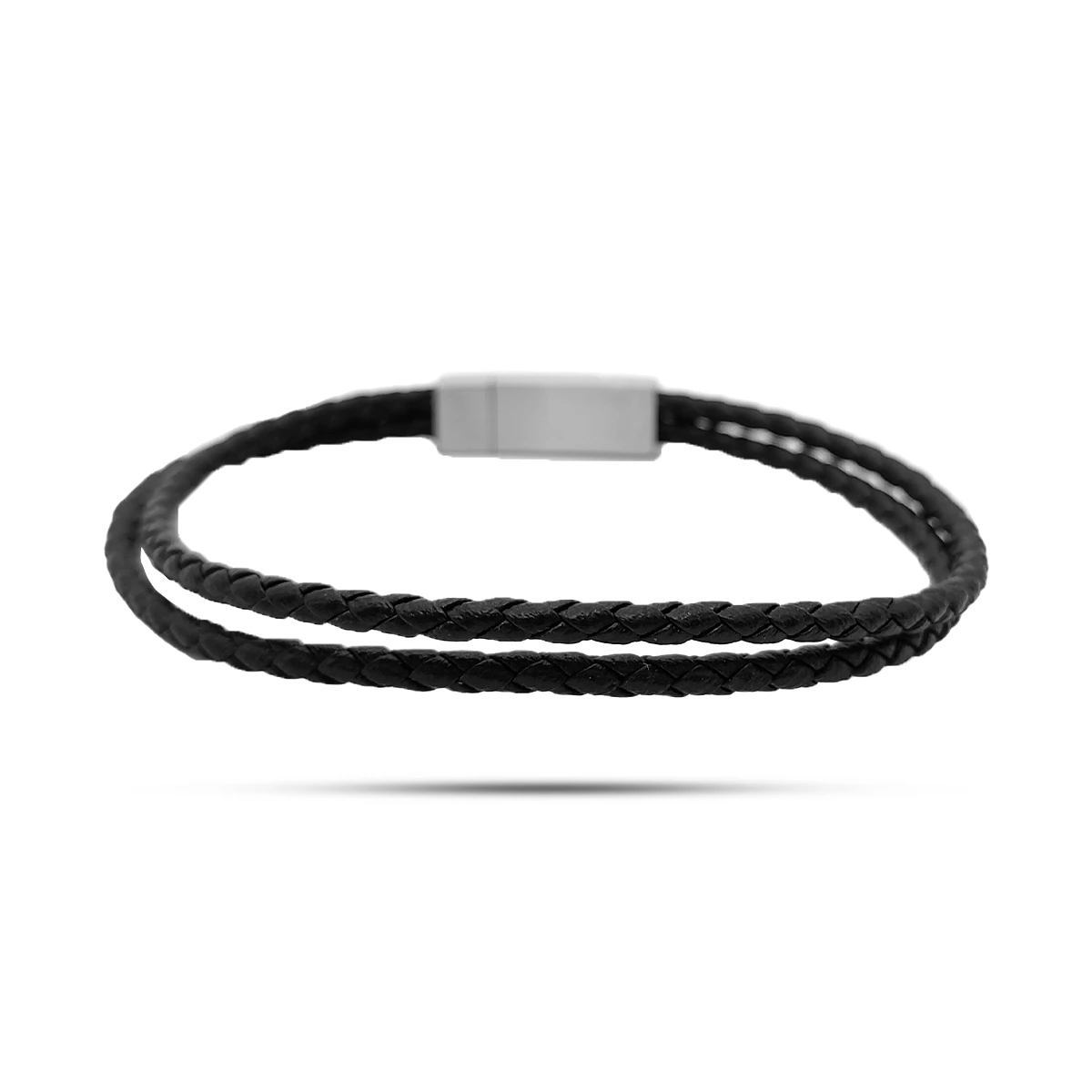 Pulsera Acero Plateado Cuero Negro Dos Tiras Trenzadas