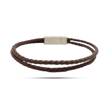 Pulsera Acero Plateado Piel Café Dos Tiras Trenzadas