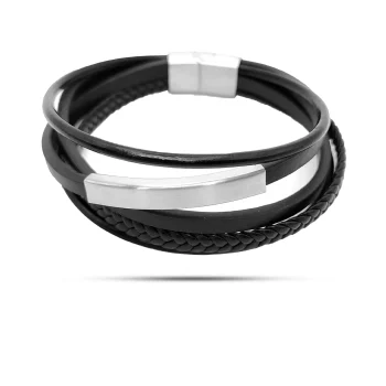 Pulsera Acero Plateado Piel Negra Múltiples Tiras con Placa