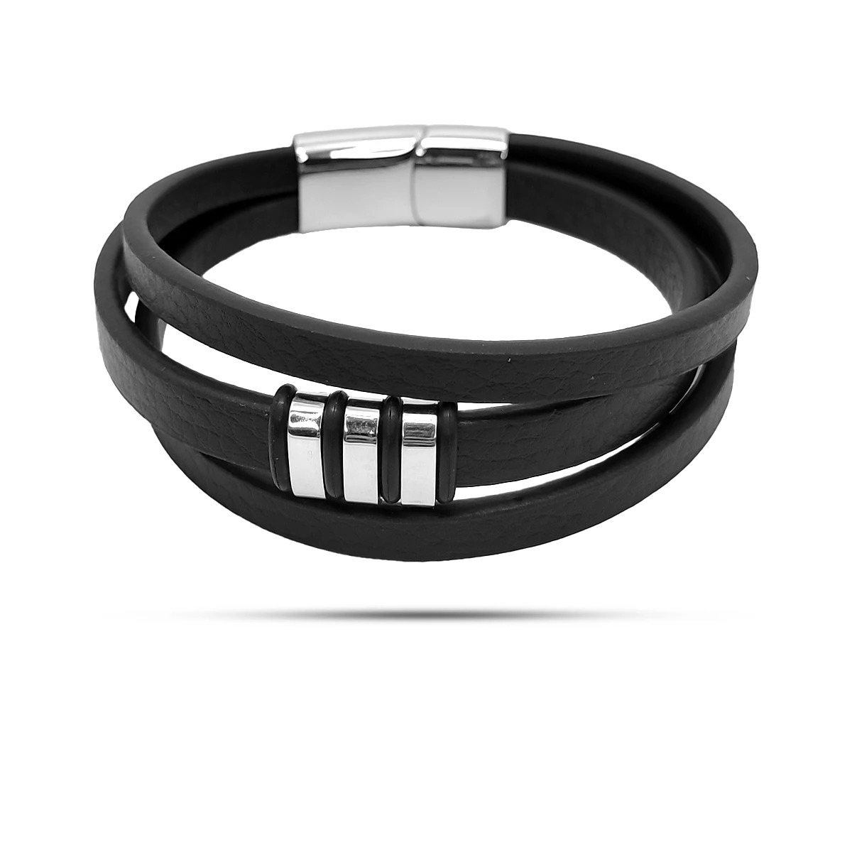 Pulsera Acero Plateado Piel Triple Cuentas Rectangulares