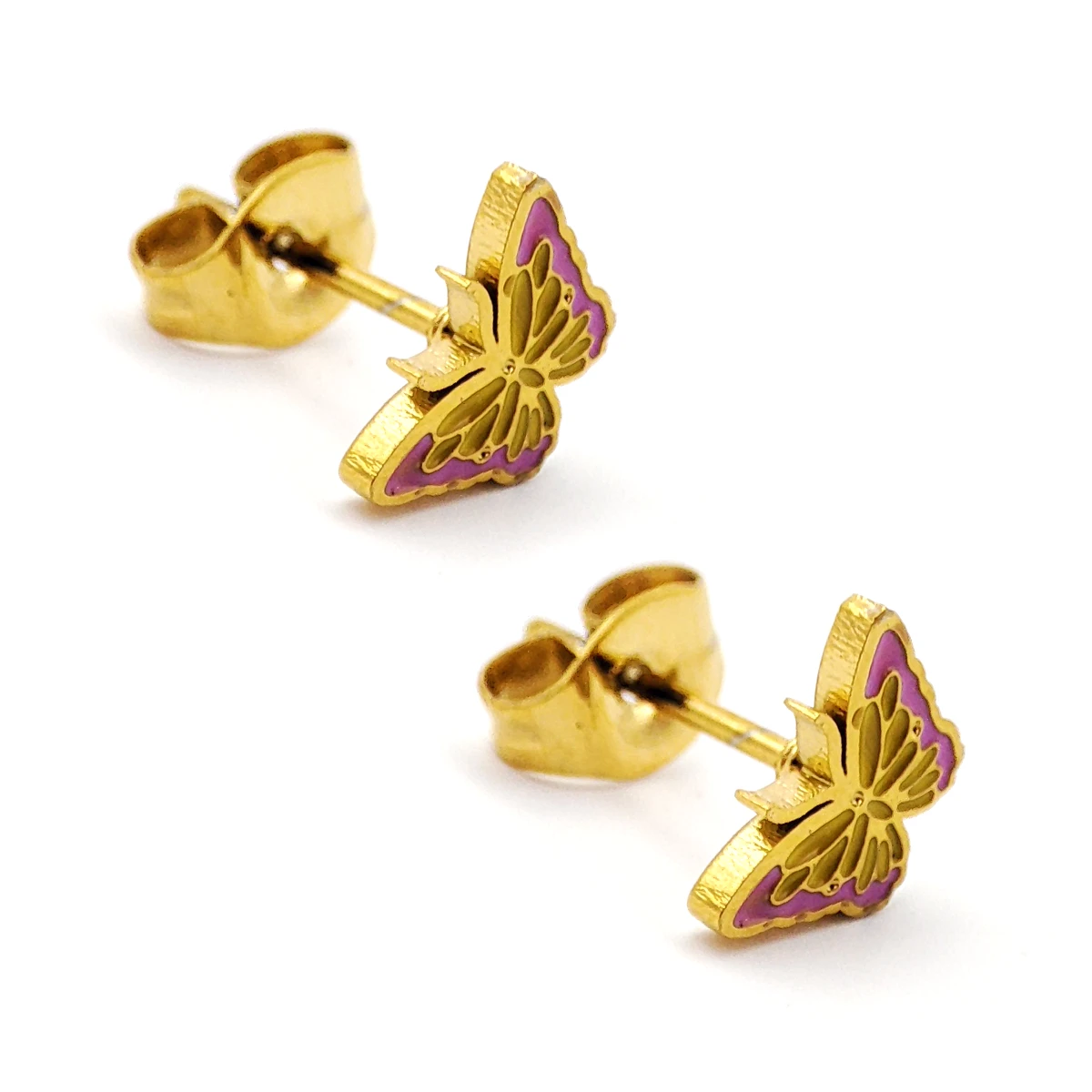 Aretes Acero Dorado Broquel Mariposa Esmaltado Rosa