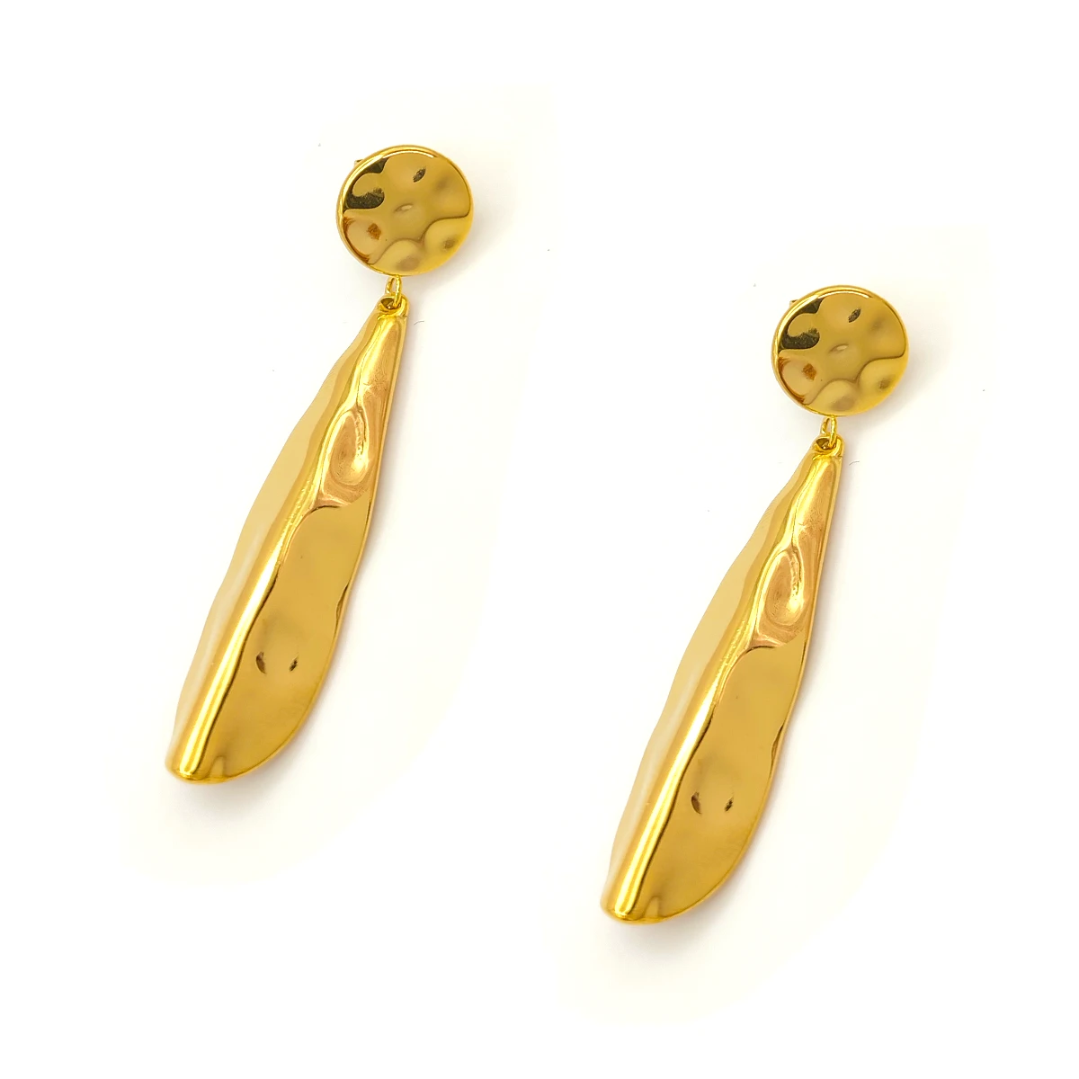 Aretes Acero Dorado Circulo Hoja Martillada Colgante