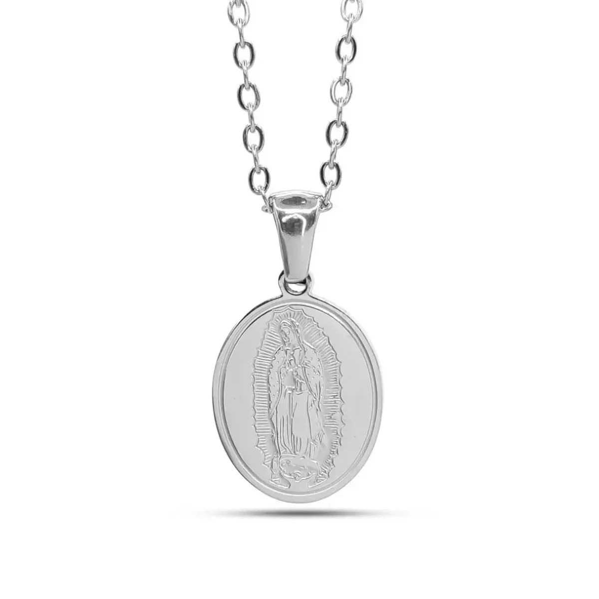 Collar Acero Medalla Ovalada Virgen de Guadalupe Grabado