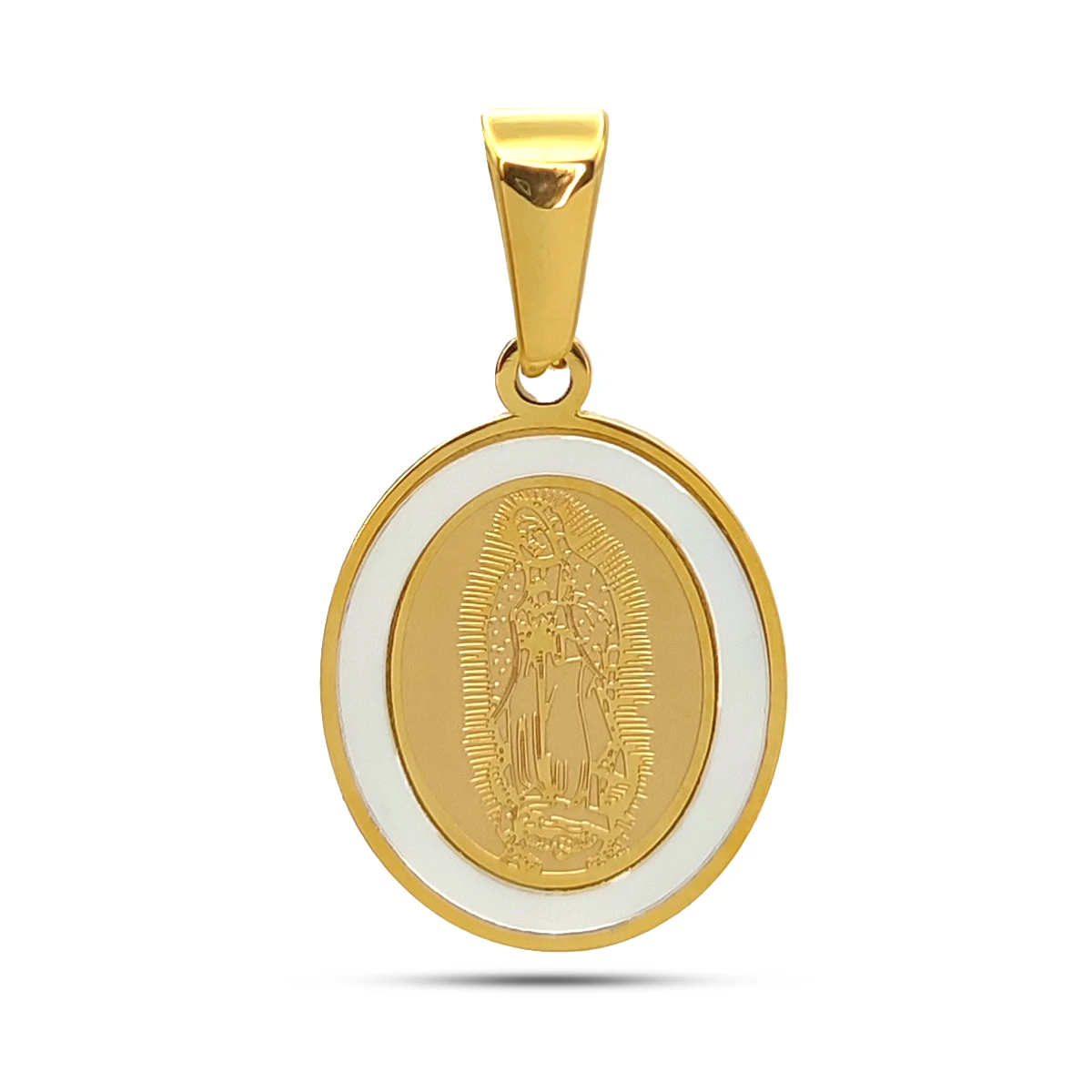 Dije Acero Dorado Virgen de Guadalupe Borde Madre Perla