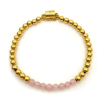 Pulsera Acero Dorado Balines Cuarzo Rosa Broche Iman